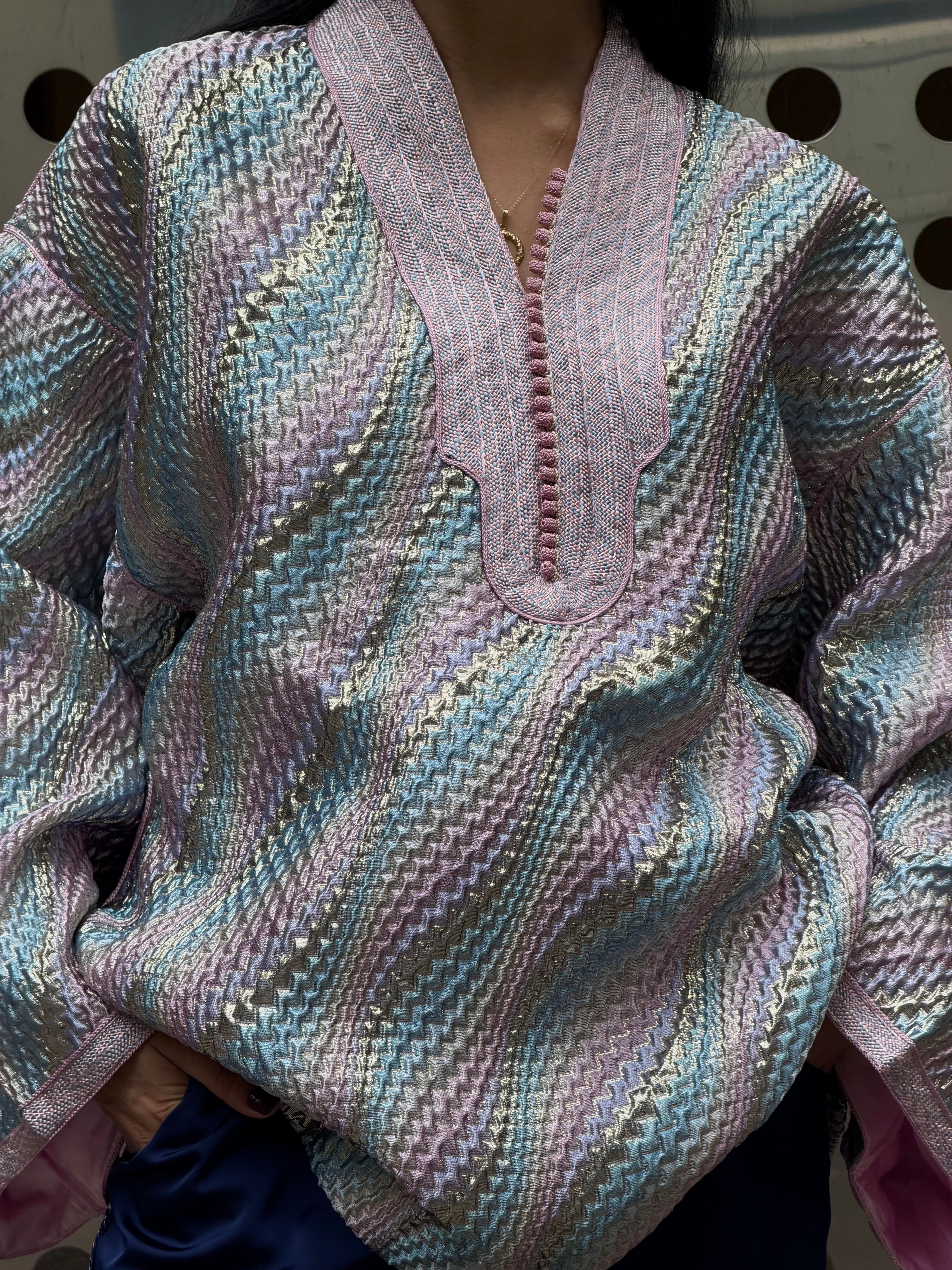 Wave Brocade Beldi Top - Blue & Pink