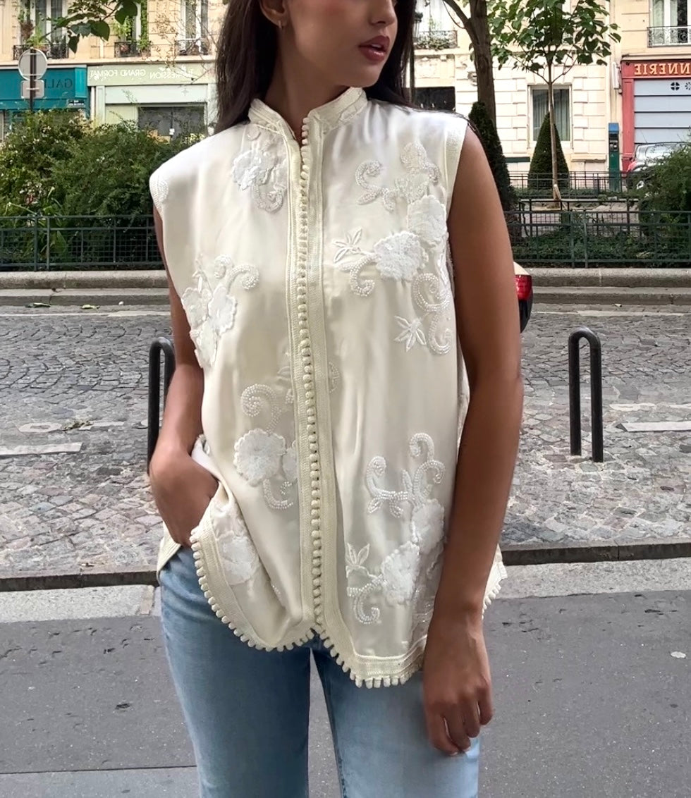 Ivory Floral Embroidered Silk Beldi Vest