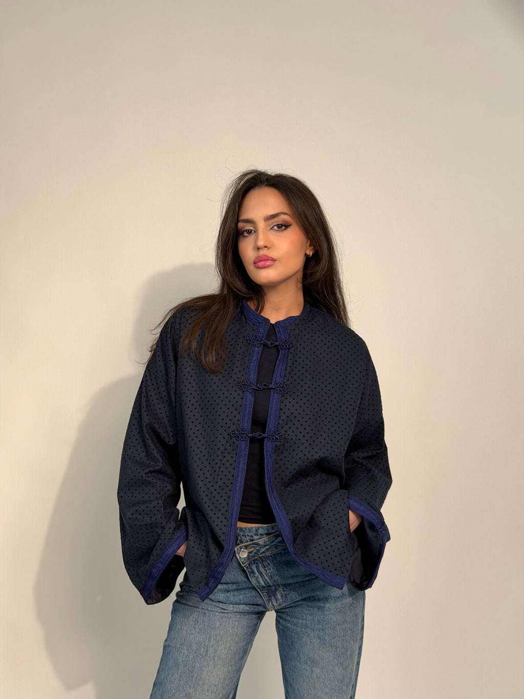 Navy Blue Polka Dot Mandarin Jaket