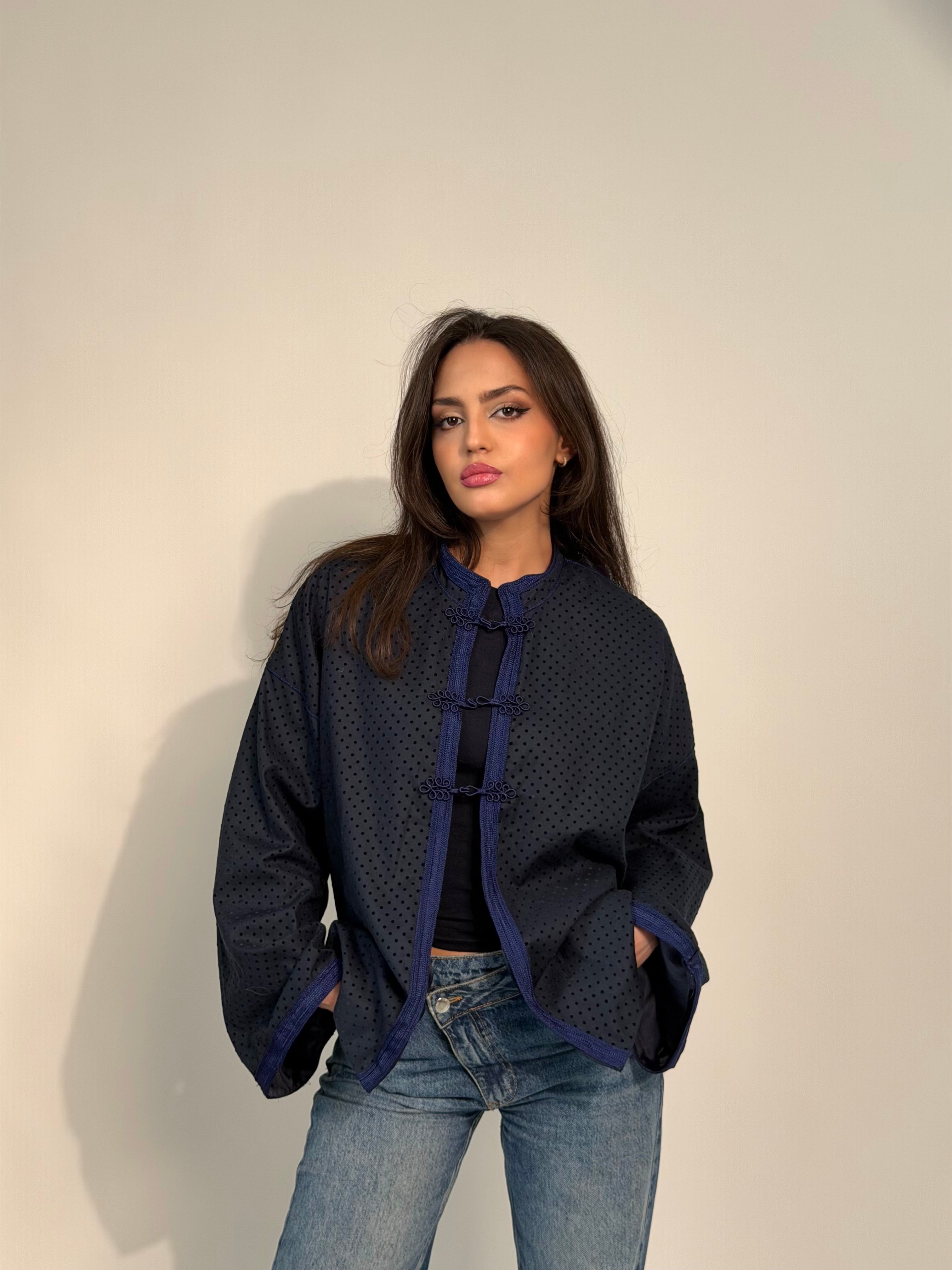 Navy Blue Polka Dot Mandarin Jaket
