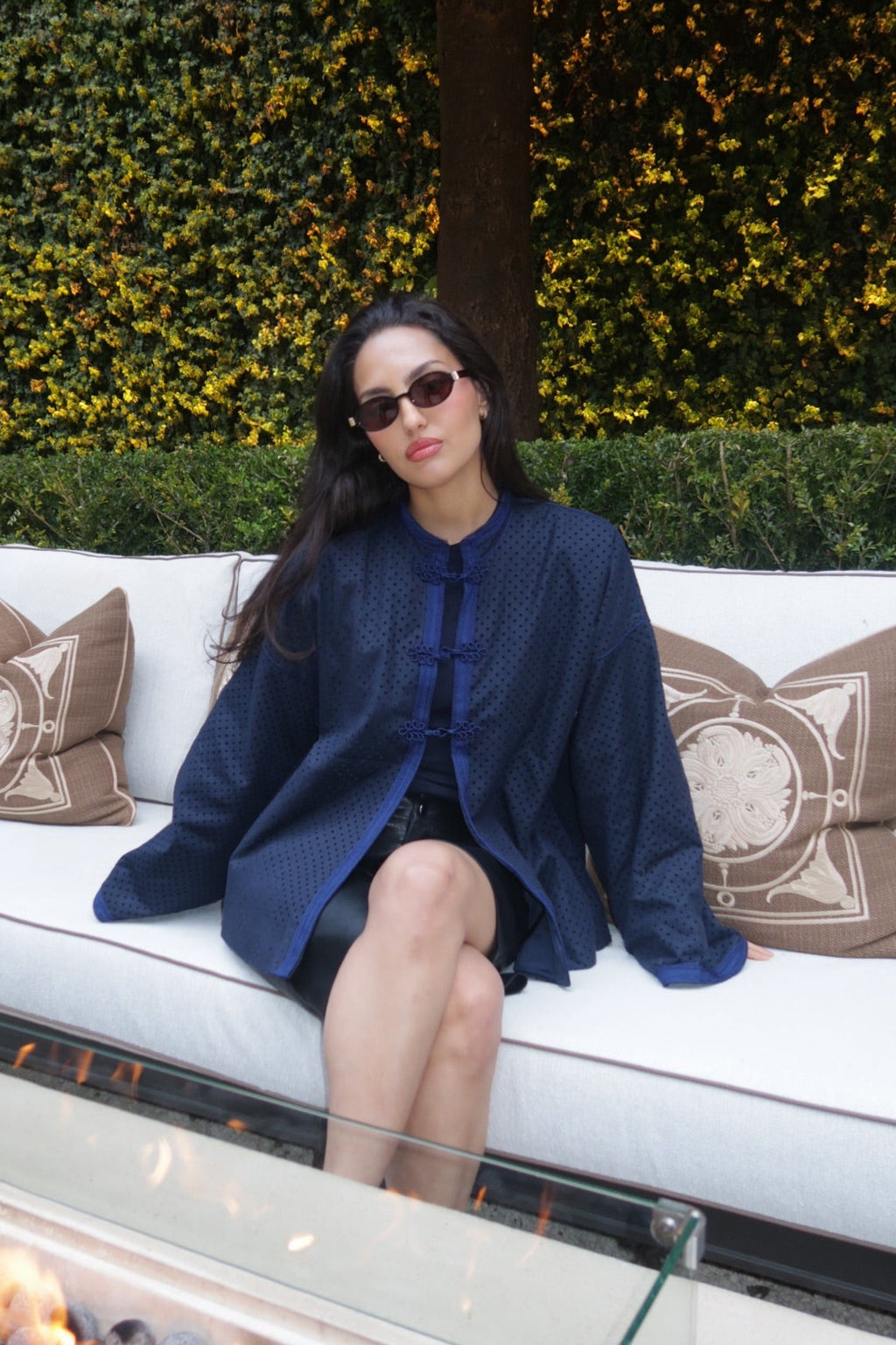 Navy Blue Polka Dot Mandarin Jaket