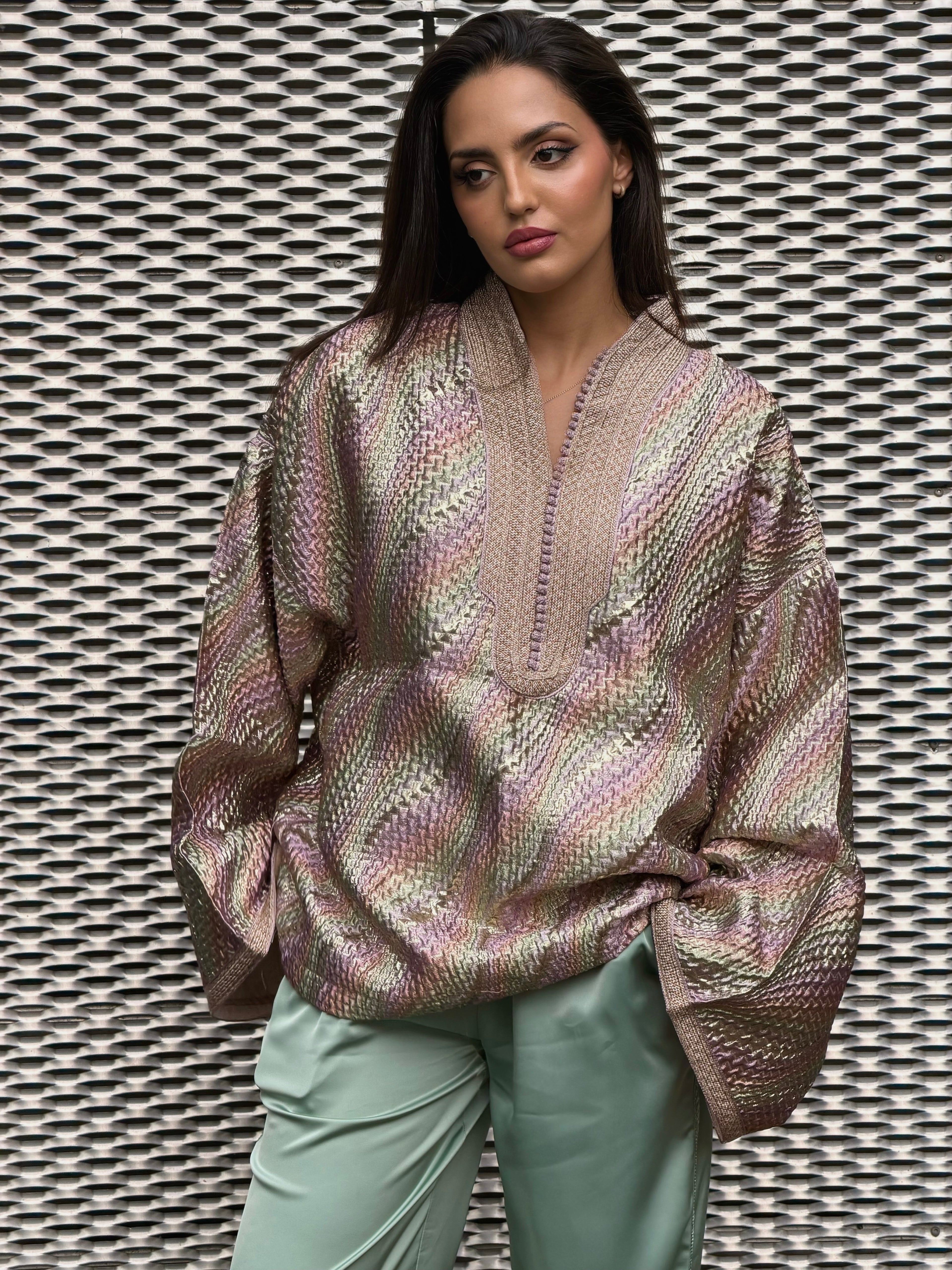 Wave Brocade Beldi Top - Green & Pink