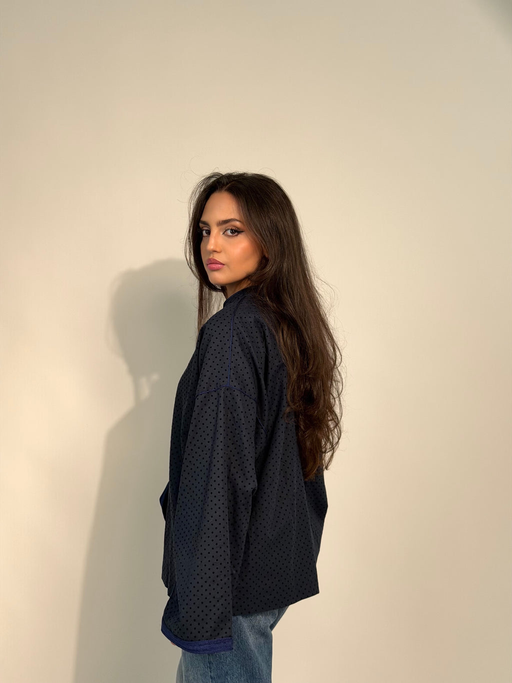Navy Blue Polka Dot Mandarin Jaket
