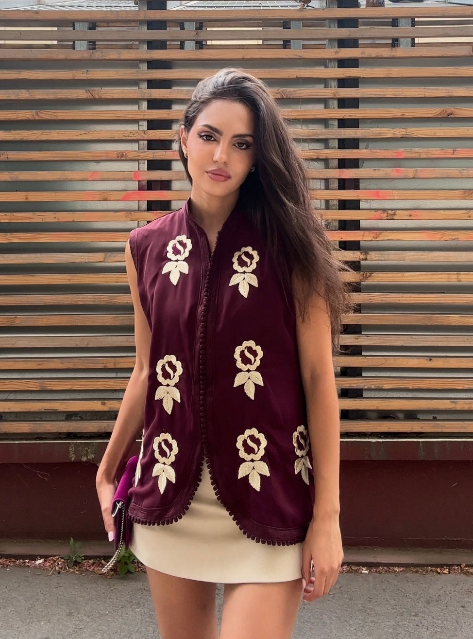 Burgundy Floral Embroidered Crepe Beldi Vest