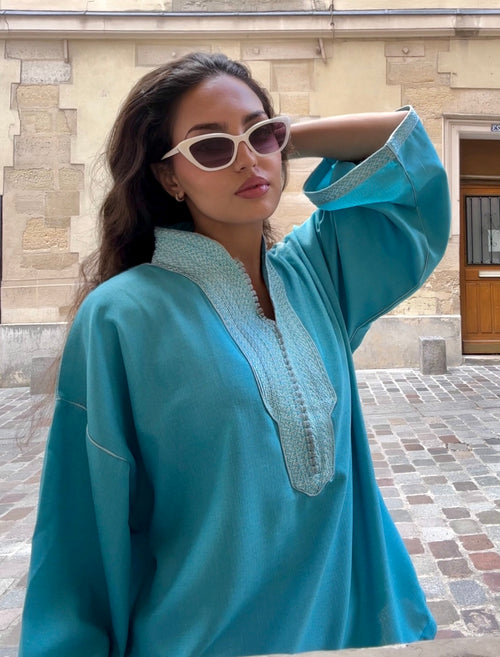 Blue Linen Beldi Top