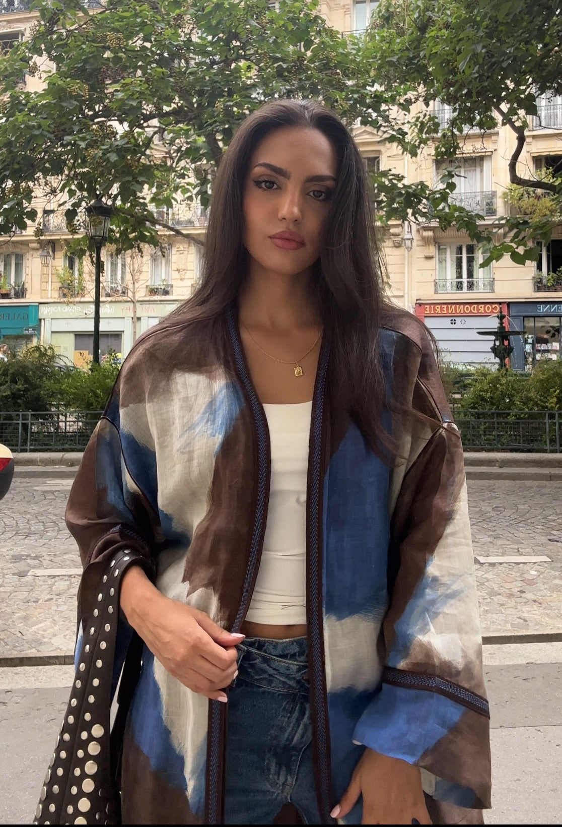 Indigo Mocha Linen Long Kimono