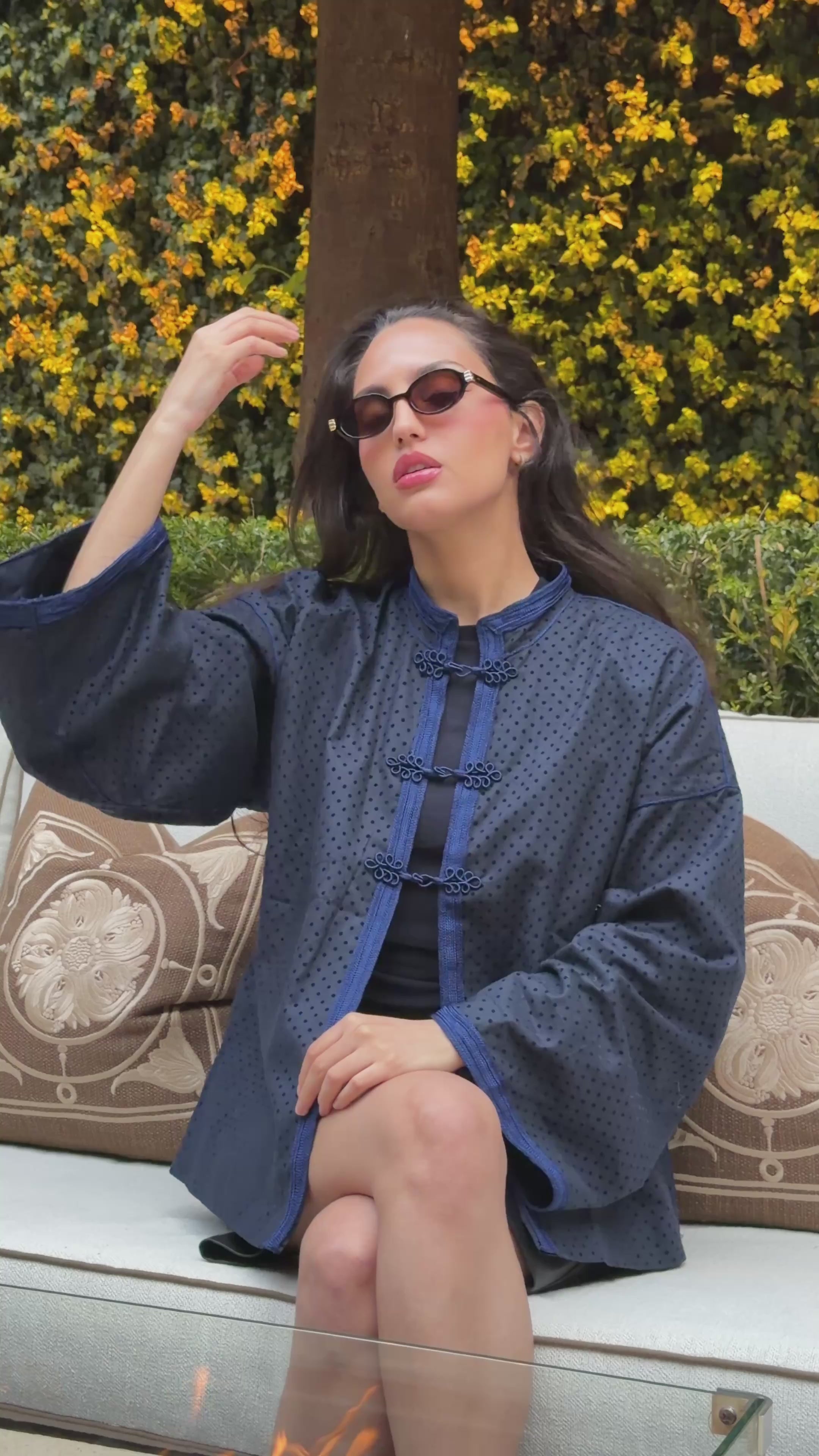 Navy Blue Polka Dot Mandarin Jaket